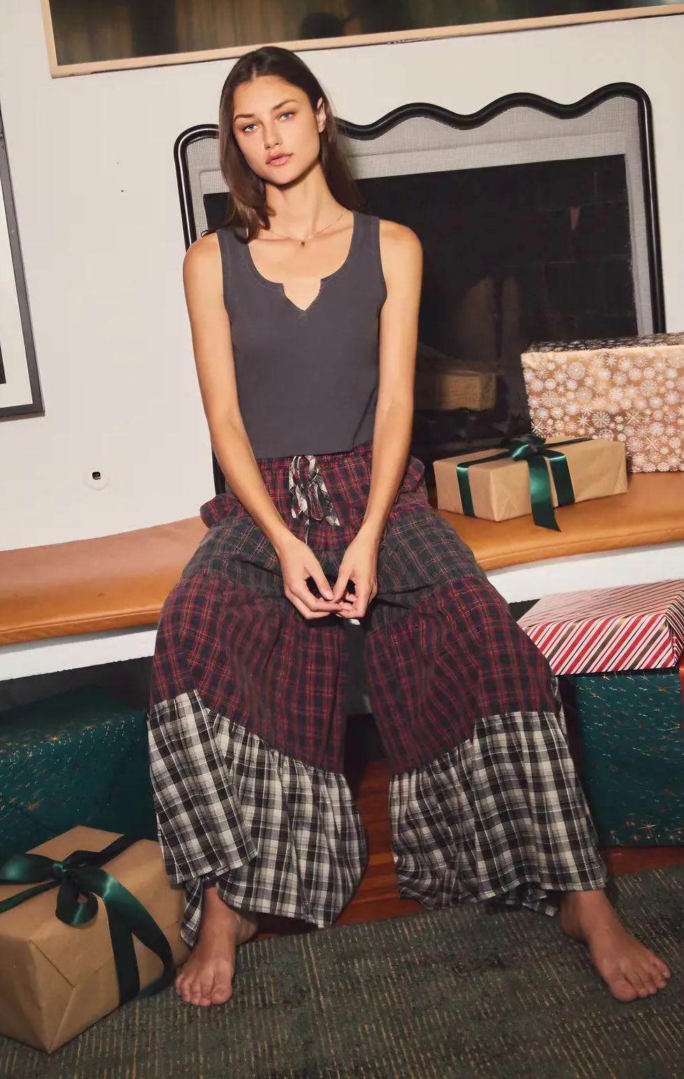 Thumbnail: Acid Washed Patchwork Plaid Tiered Pants