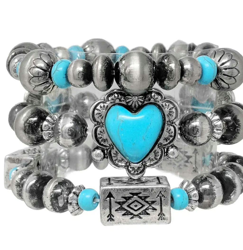 Aztec Heart Stone Navajo Beads Three-Piece Bracelet Set