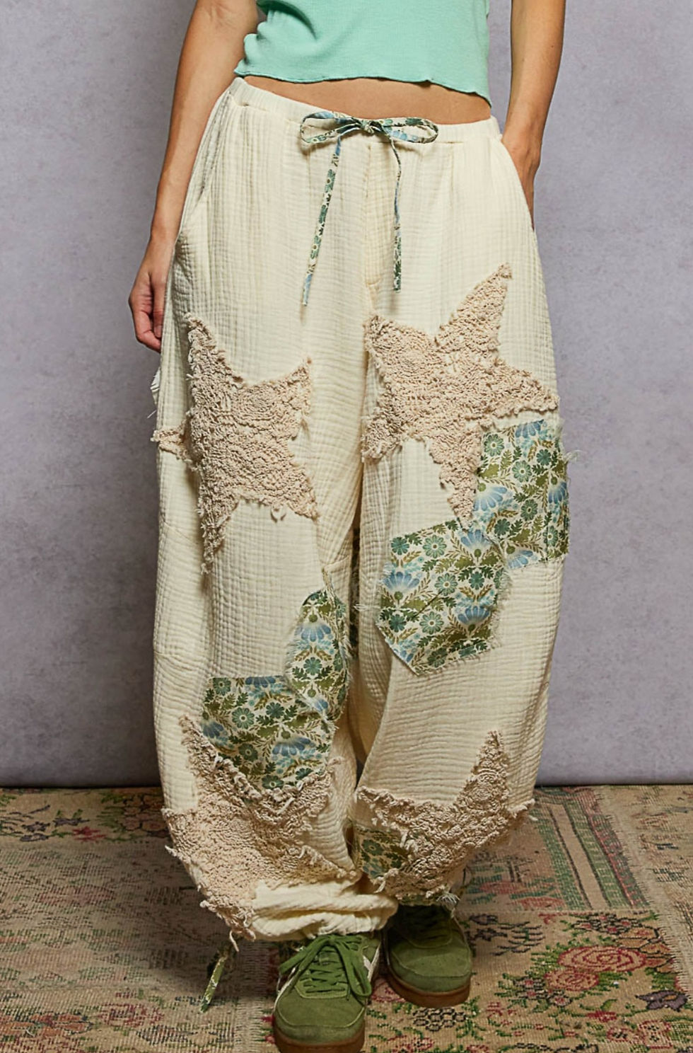 Print Patchwork Double Gauze Jogger Pants