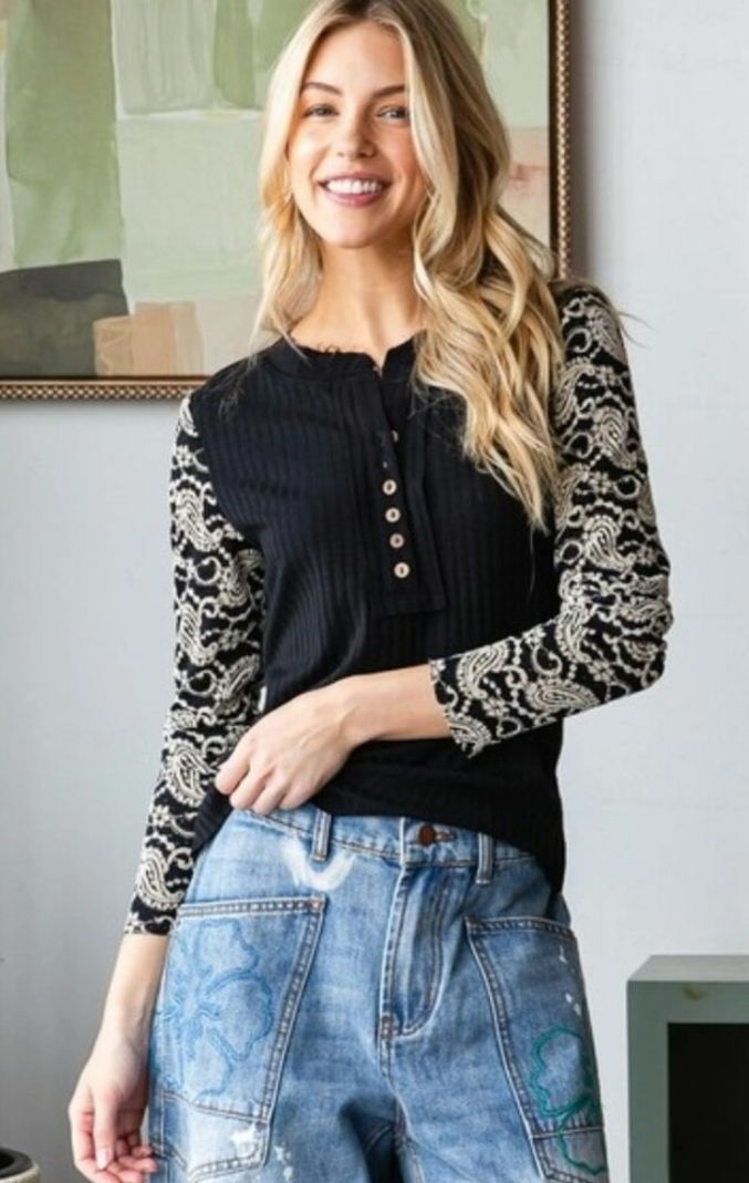 Thumbnail: Printed Lace Sleeves Rib Knit Henley Top