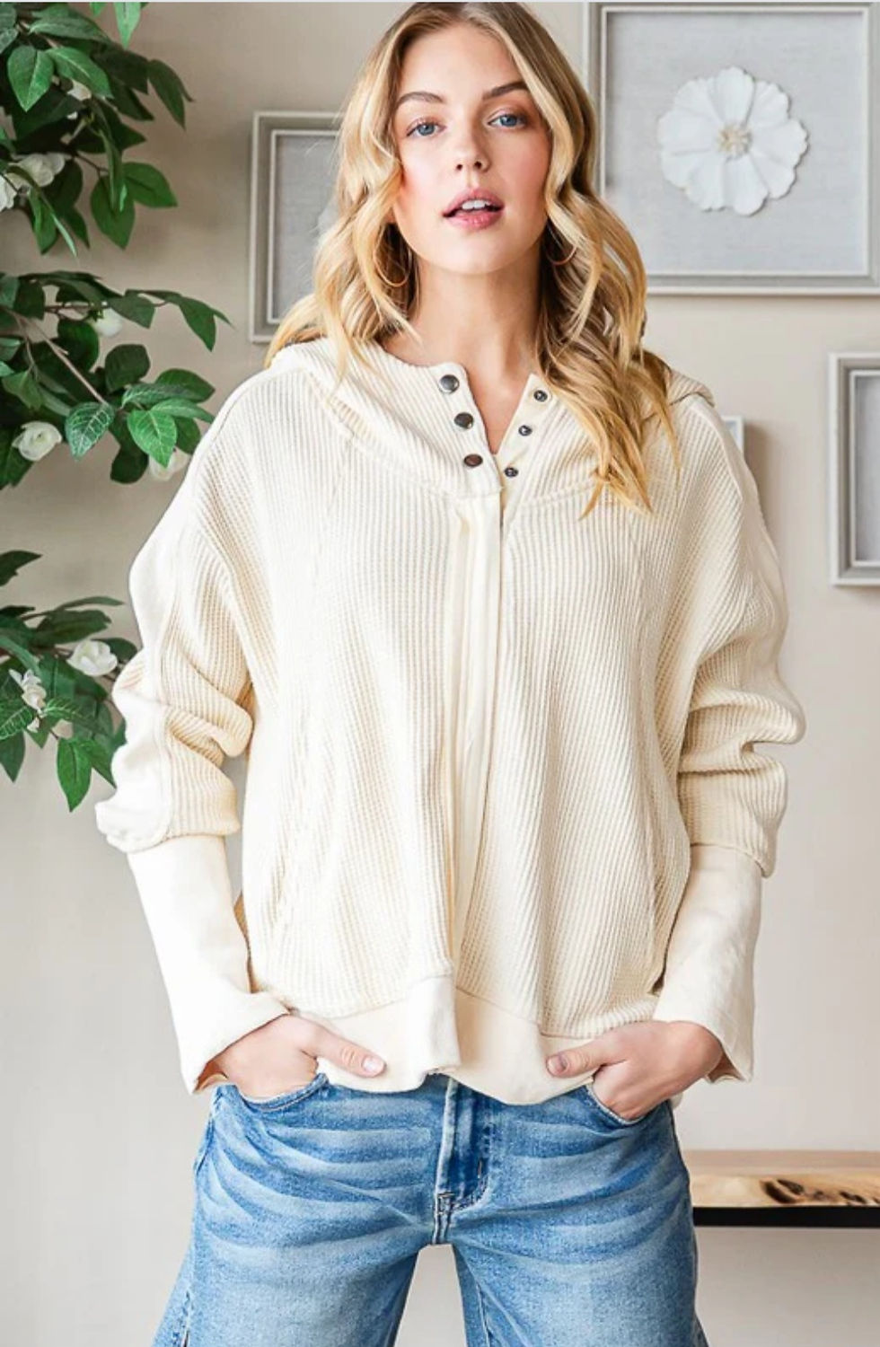 Thumbnail: Cream Cloud Waffle Knit Zip Hoodie