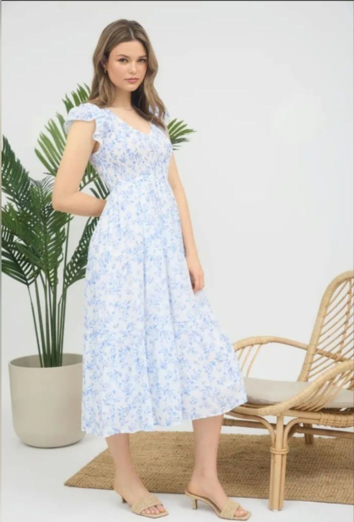 Thumbnail: Floral V-Neck Smocked Short Sleeve Midi Dress