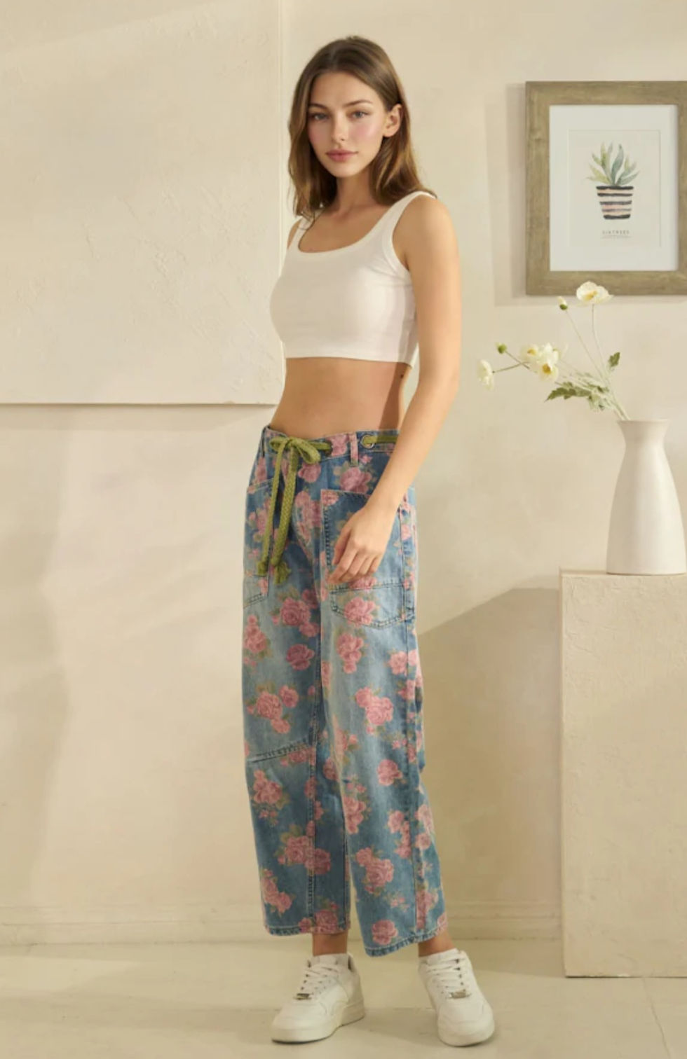 Thumbnail: Petal Poetry Drawstring Barrel Jeans