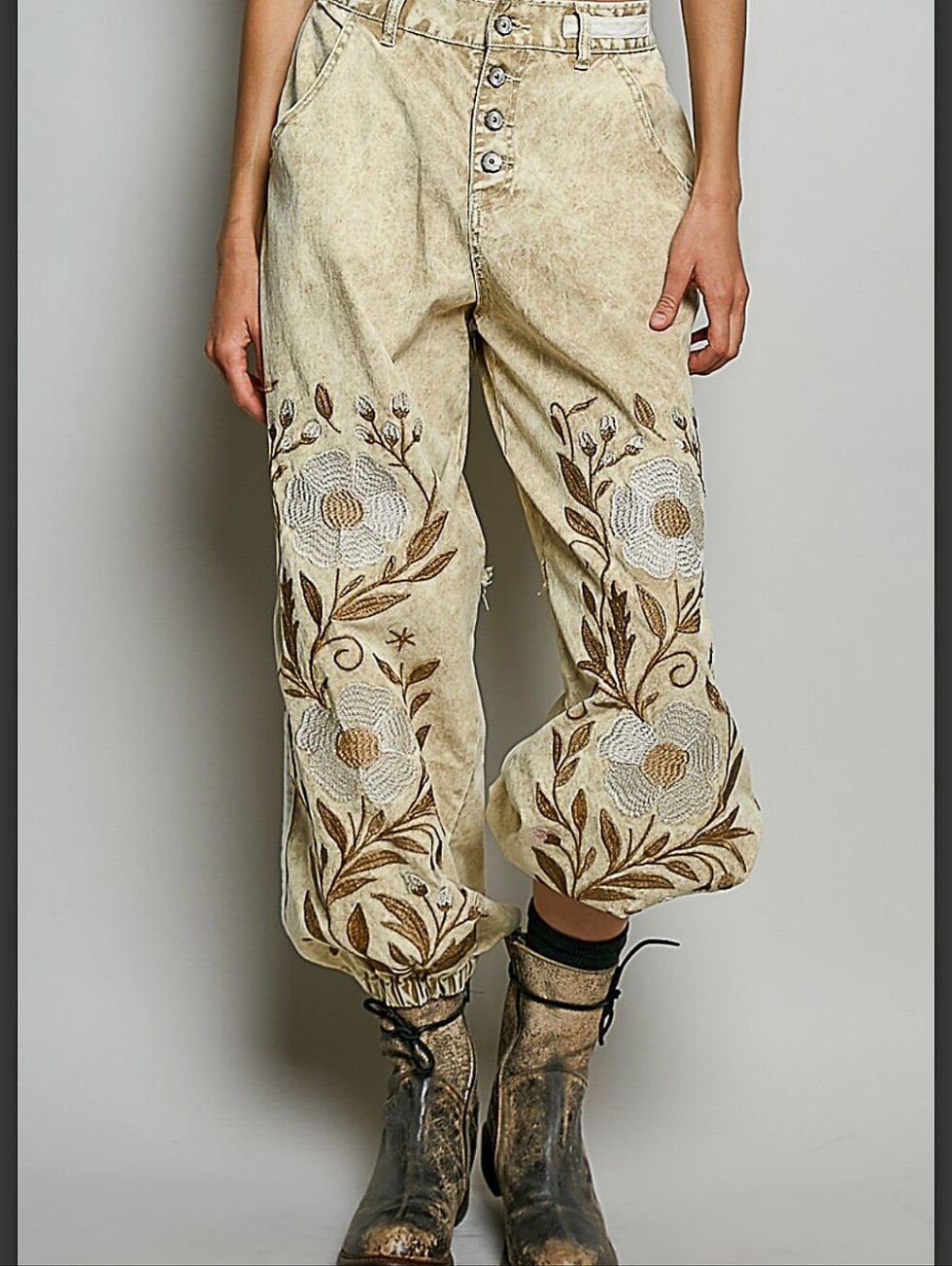 Thumbnail: Cream Meadow Embroidered Denim Joggers