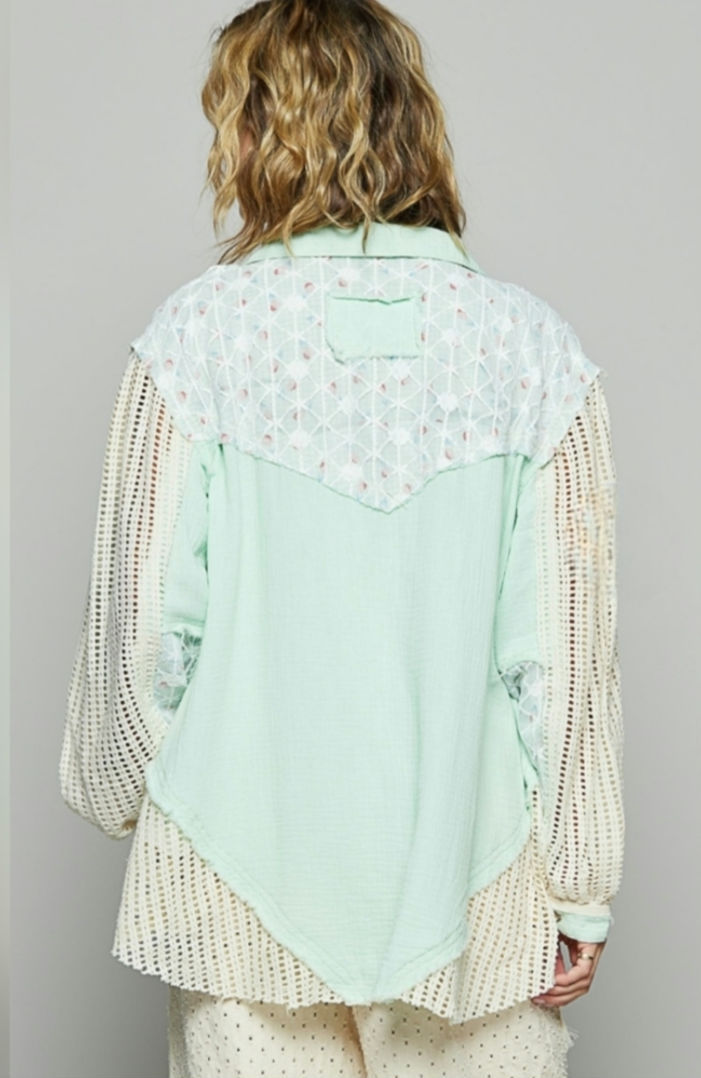 Thumbnail: Lace Trim Crochet Button Up Denim Jacket
