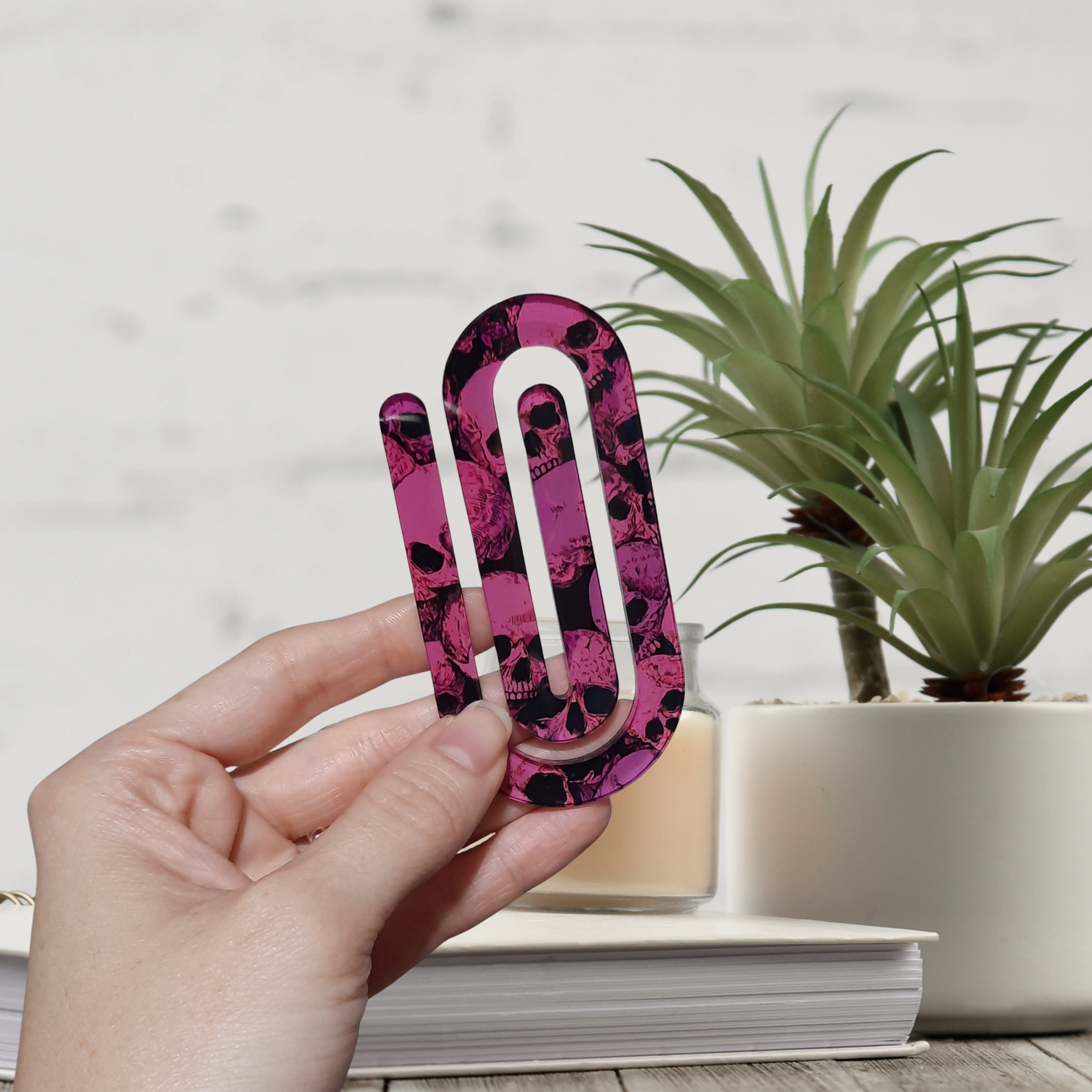 Pink Skull Design Acrylic Jumbo Paperclip Bookmark