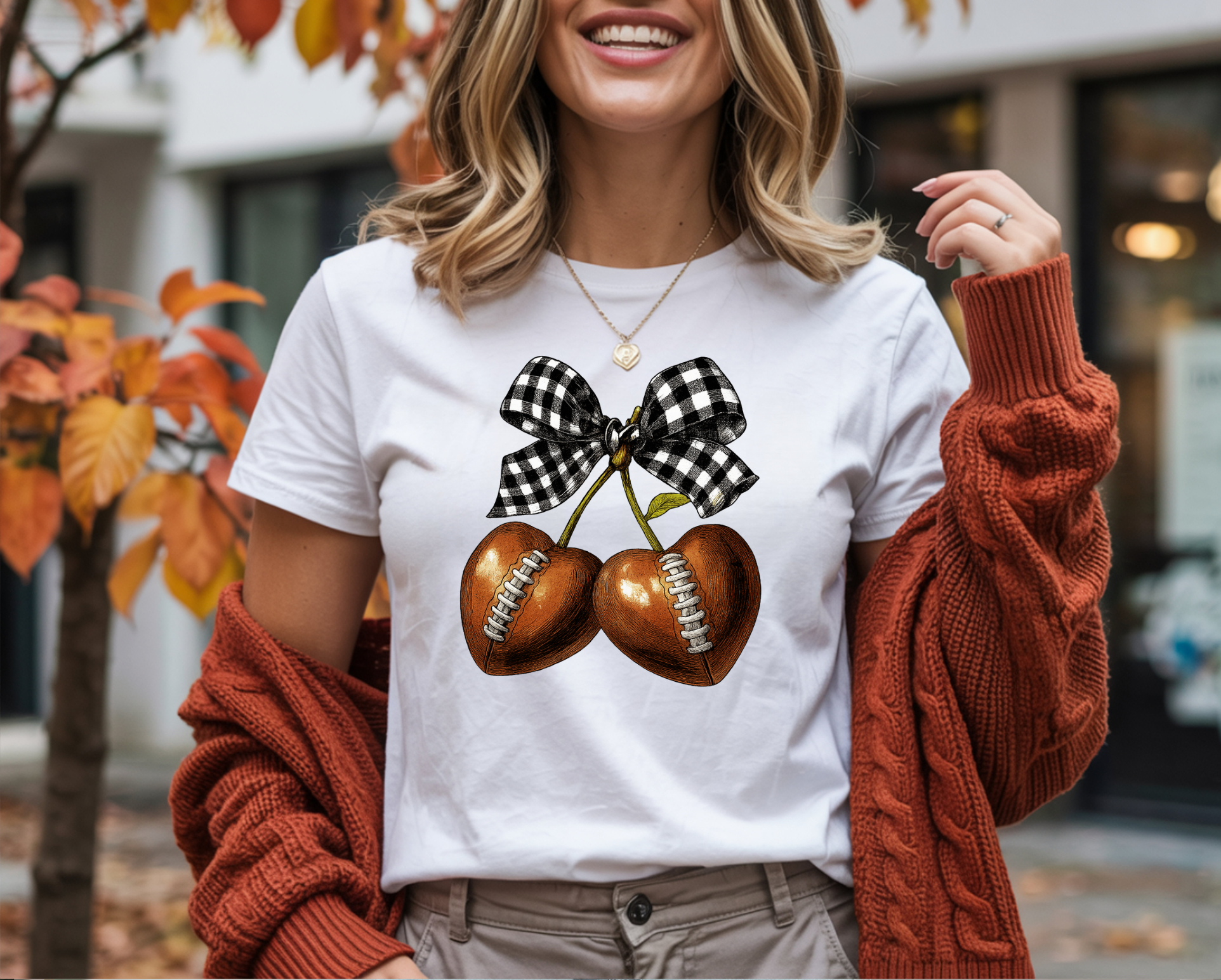 Football Cherries Shirt with Black Gingham Bow | Cute Fall Game Day Graphic Tee
