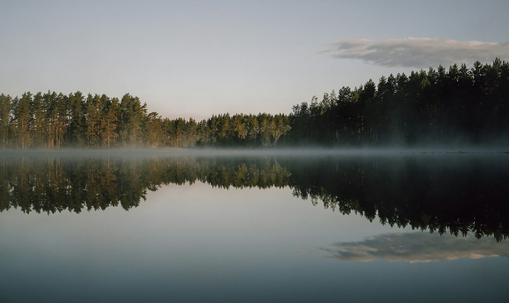 Un lac calme dans la brume, les arbres se reflètent dans l'eau
