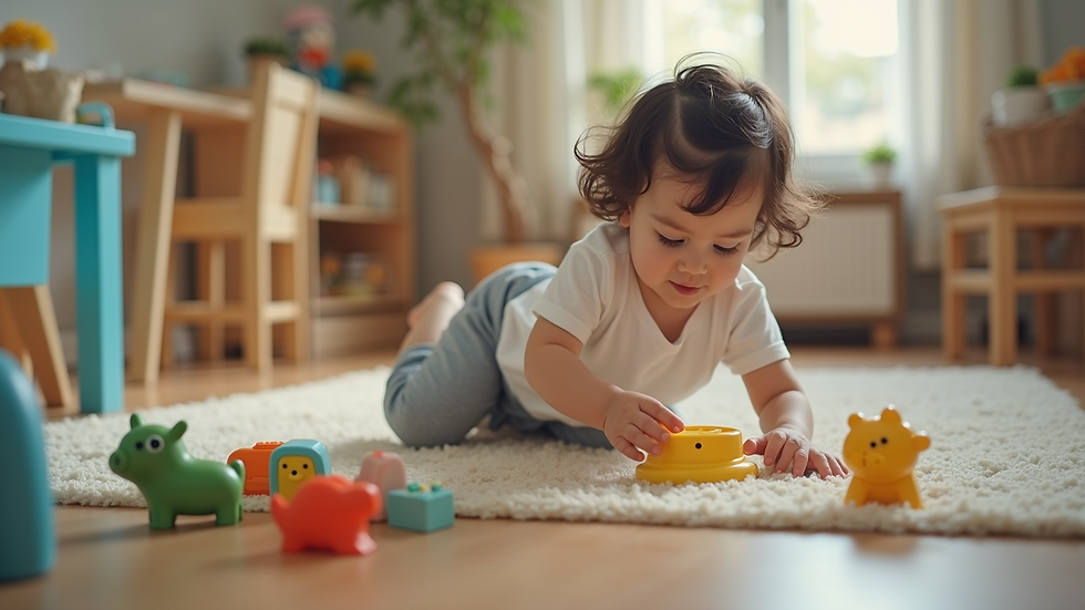 Close-up view of a child playing with toys in a childproofed area