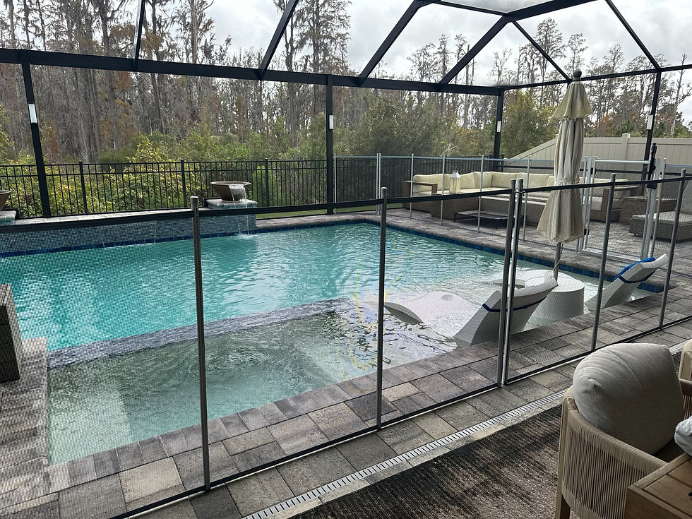 Eye-level view of a secured backyard pool with a safety fence