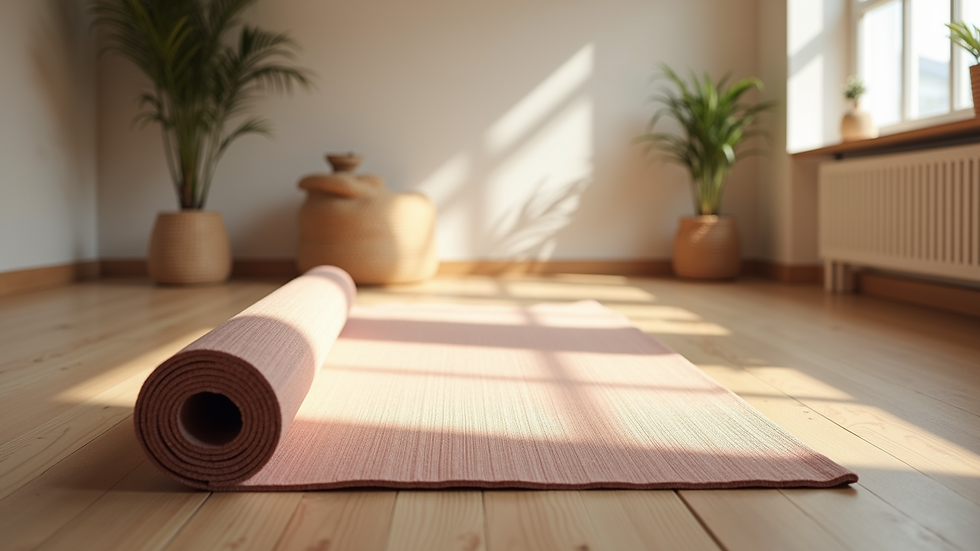 Eye-level view of a yoga mat and props in a cozy studio