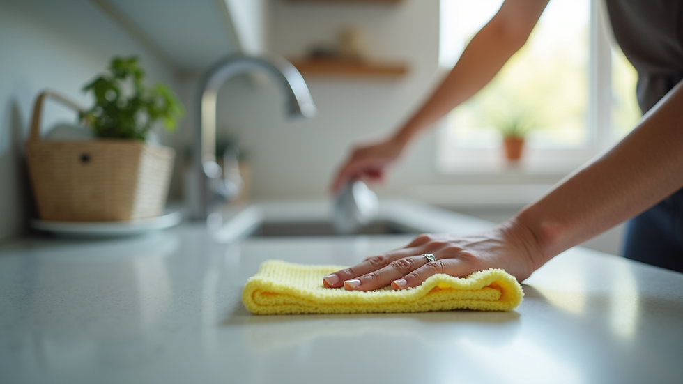 Close-up view of a professional cleaner using a microfibre cloth on a kitchen countertop