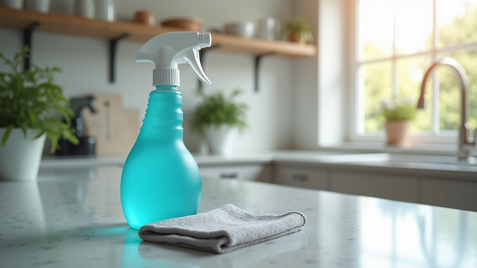 Close-up view of a spray bottle and microfiber cloth on a clean kitchen countertop