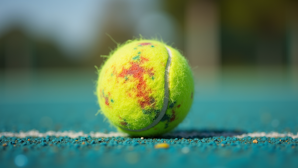 Close-up view of a custom-designed tennis ball with colorful patterns