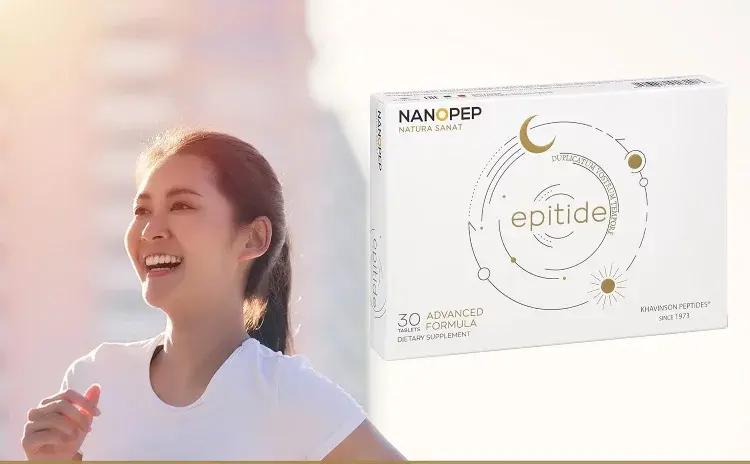 Smiling woman with NANOPEP Epitide 30 advanced formula dietary supplement box