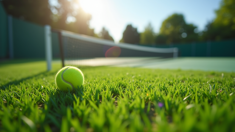 Eye-level view of a tennis court with vibrant green grass