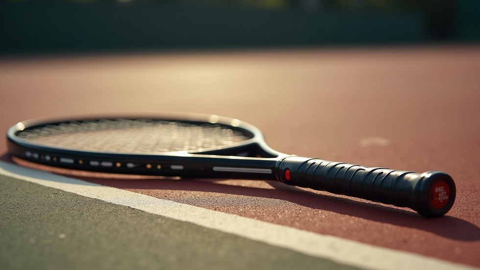 Close-up view of a high-quality tennis racket on a court