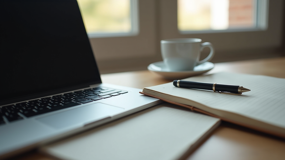 Eye-level view of a laptop and notebook on a desk with a coffee cup