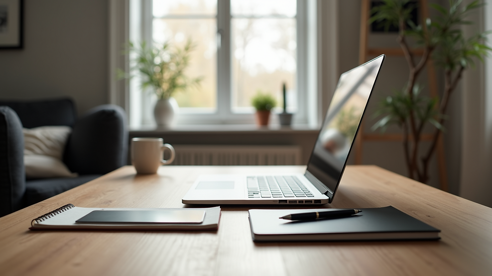 Eye-level view of a modern home office setup with a laptop and notebook