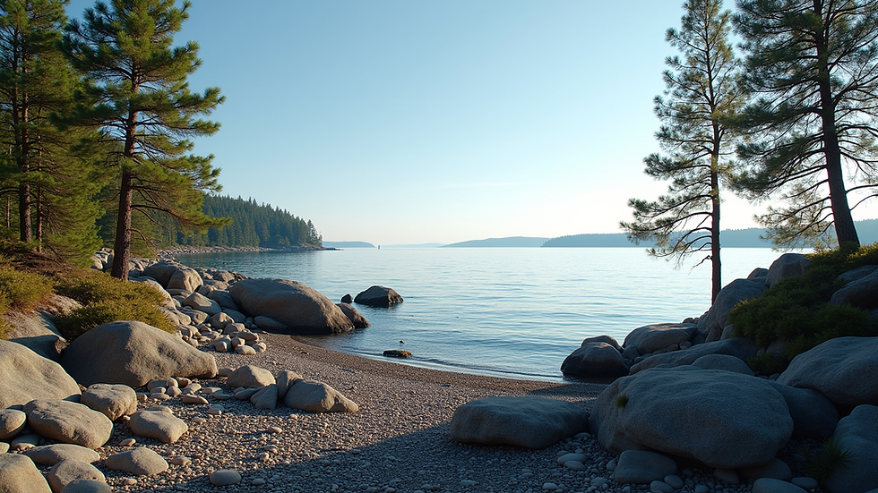 Wide angle view of Lake Superior shoreline with pine trees and rocky beach
