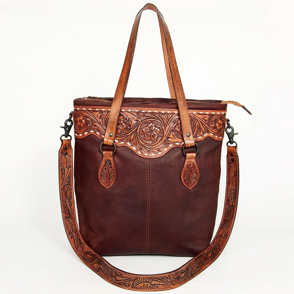 Thumbnail: Hand-Tooled Full Leather Western Tote Bag - Wine Red w/ Floral Strap