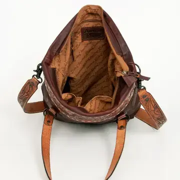 Thumbnail: Hand-Tooled Full Leather Western Tote Bag - Wine Red w/ Floral Strap