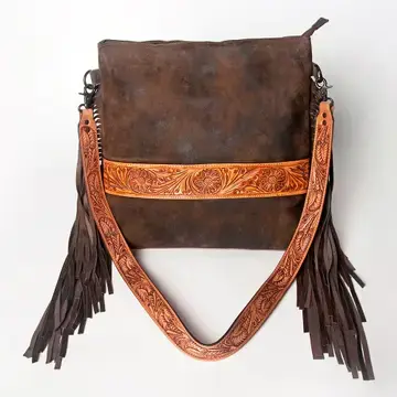 Thumbnail: Brown Leather Crossbody Bag with Floral Tooled Strap & Fringe- Conceal Carry