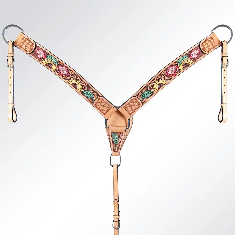 Western Leather Breast Collar- Sunflowers & Red Flower 