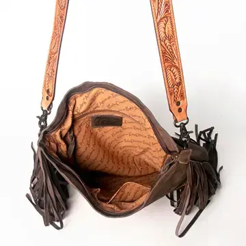 Thumbnail: Brown Leather Crossbody Bag with Floral Tooled Strap & Fringe- Conceal Carry