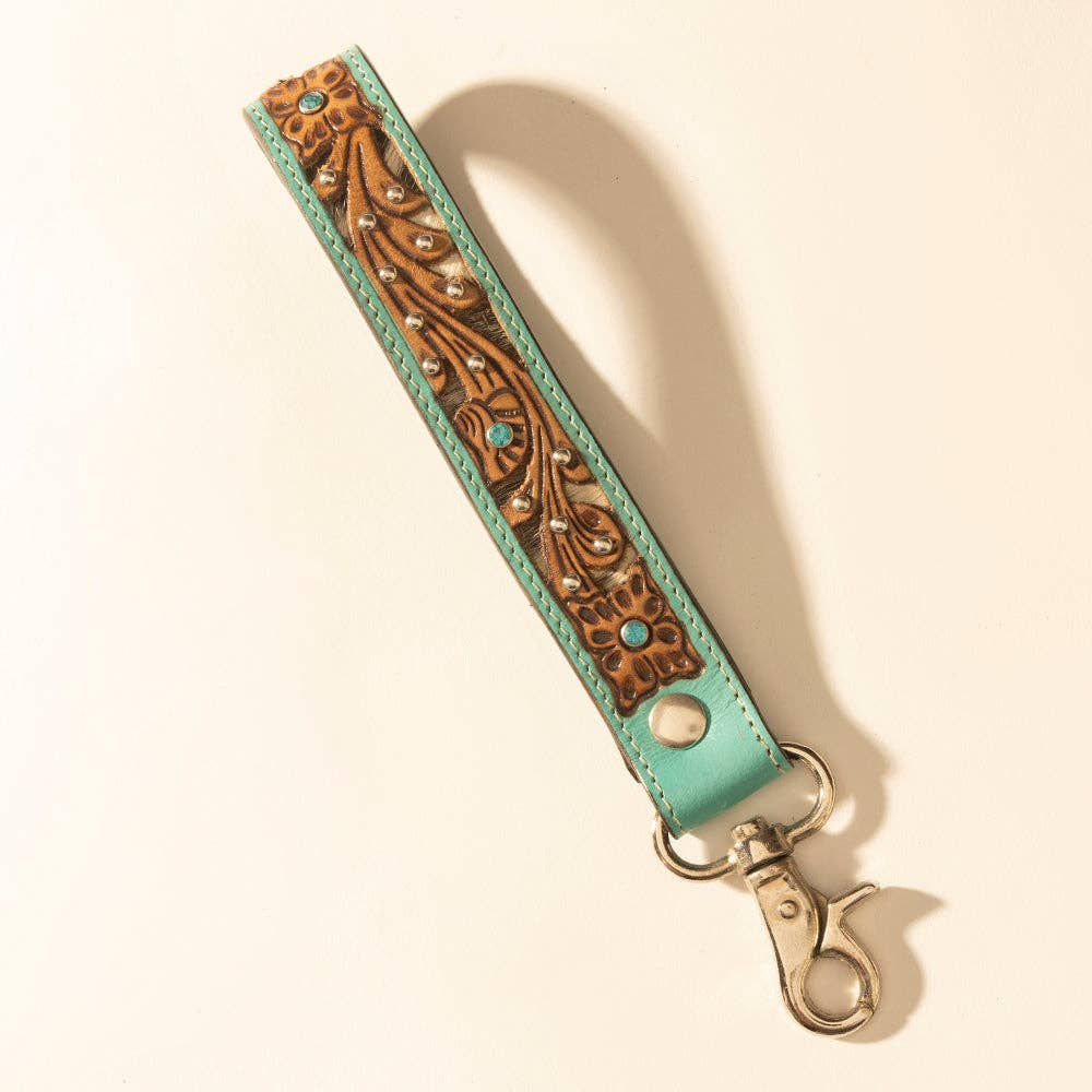 River Glen Handtooled Hairon Leather Key Fob in Aqua Saddle: Aqua Saddle