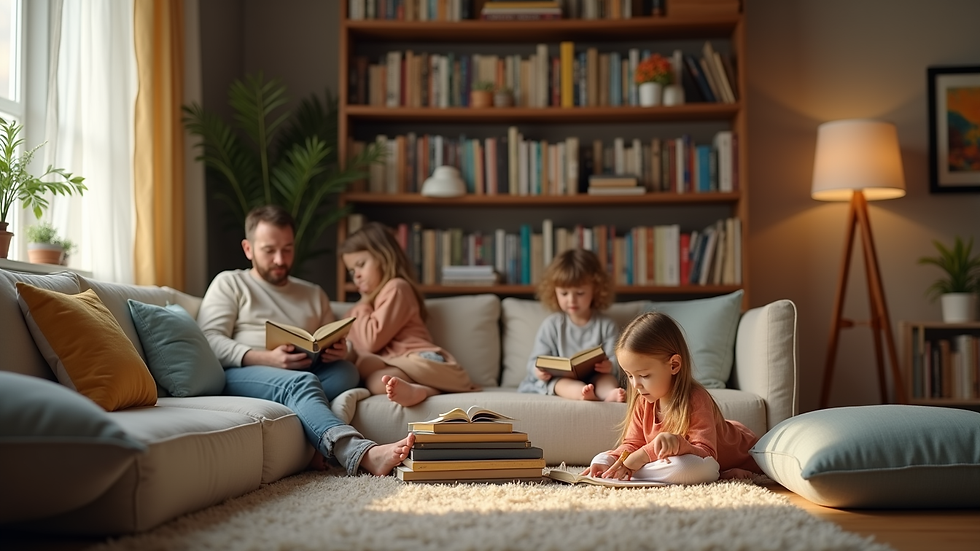 Eye-level view of a cozy family reading corner with books and cushions