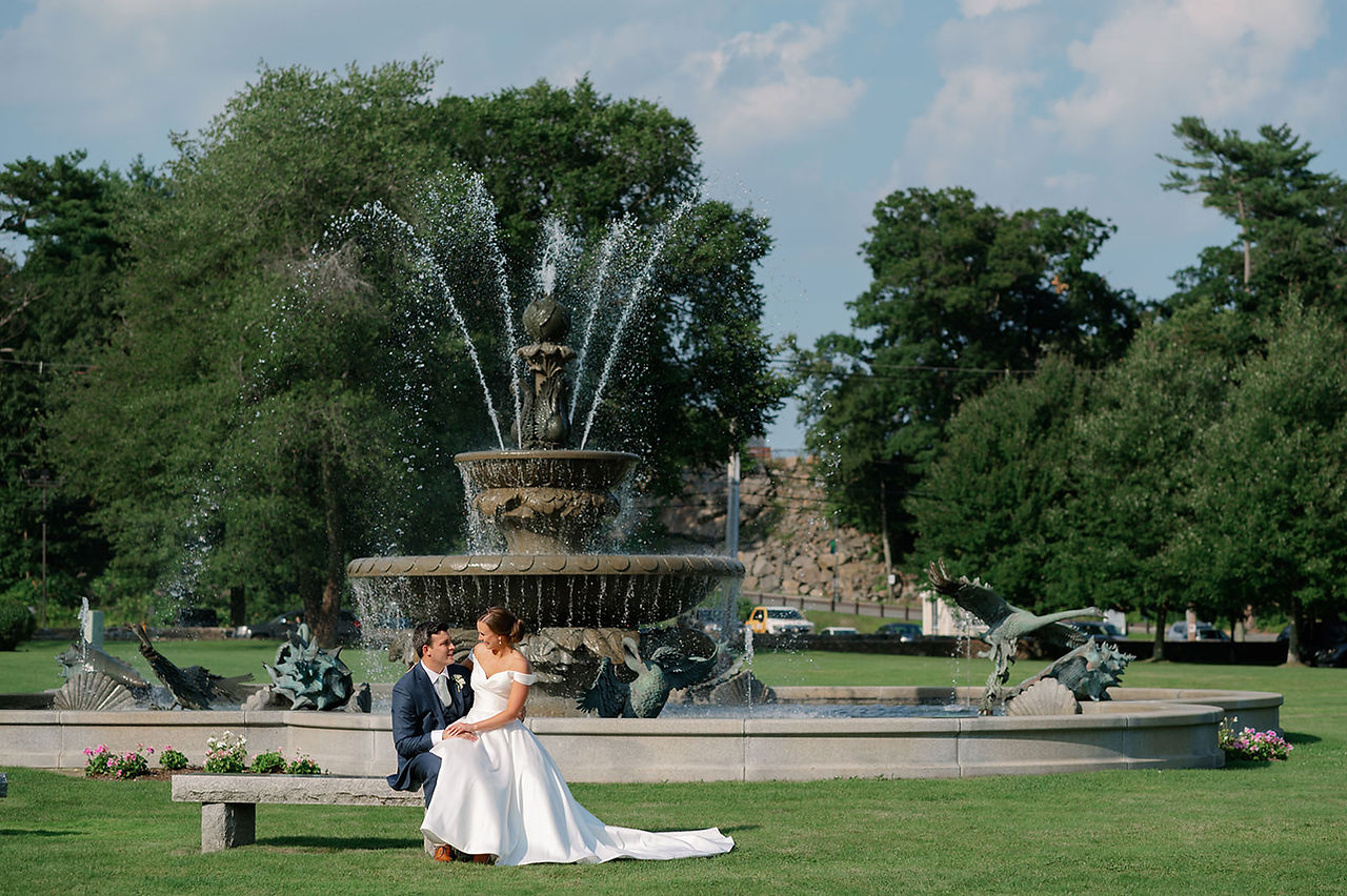 Bridal Portraits at Tupper Manor, Massachusetts. Bride and groom in front of fountain