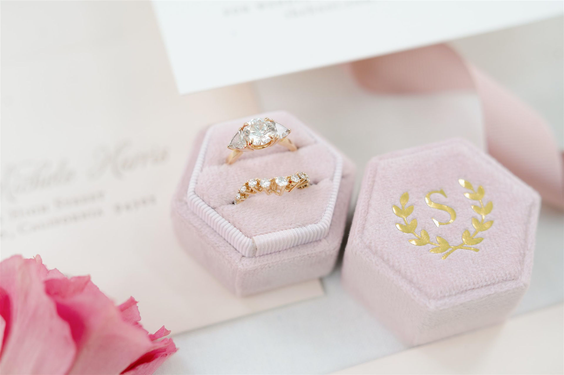 close up ring shot in pink case