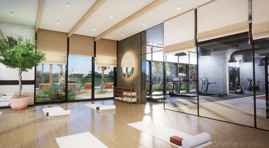 3d rendering of yoga studio, VizPix Studio, animation studio Ottawa, architectural visualization Toronto, the Haven condo, luxury condos in Dubai