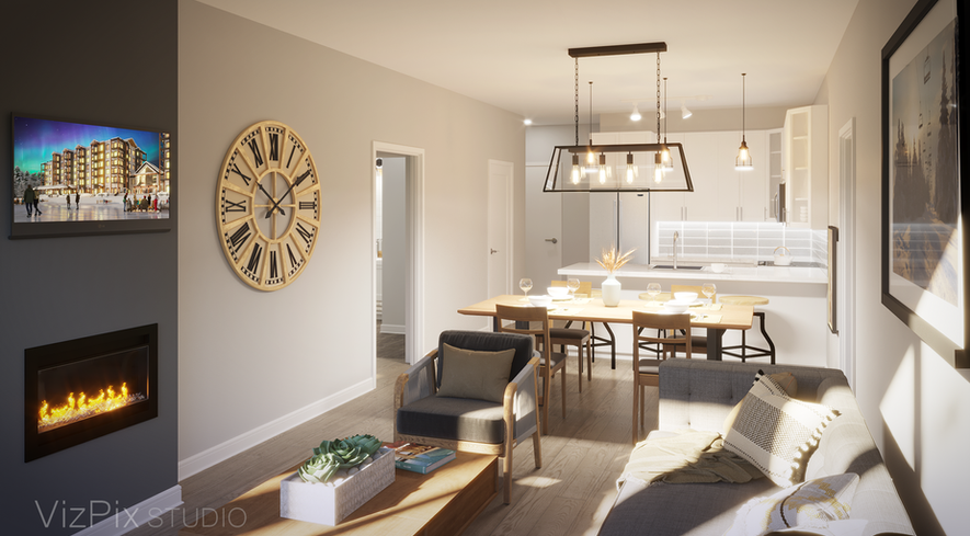 Edge Condo 3d rendering, interior design visualization, architectural visualization Ontario, open concept living room kitchen render