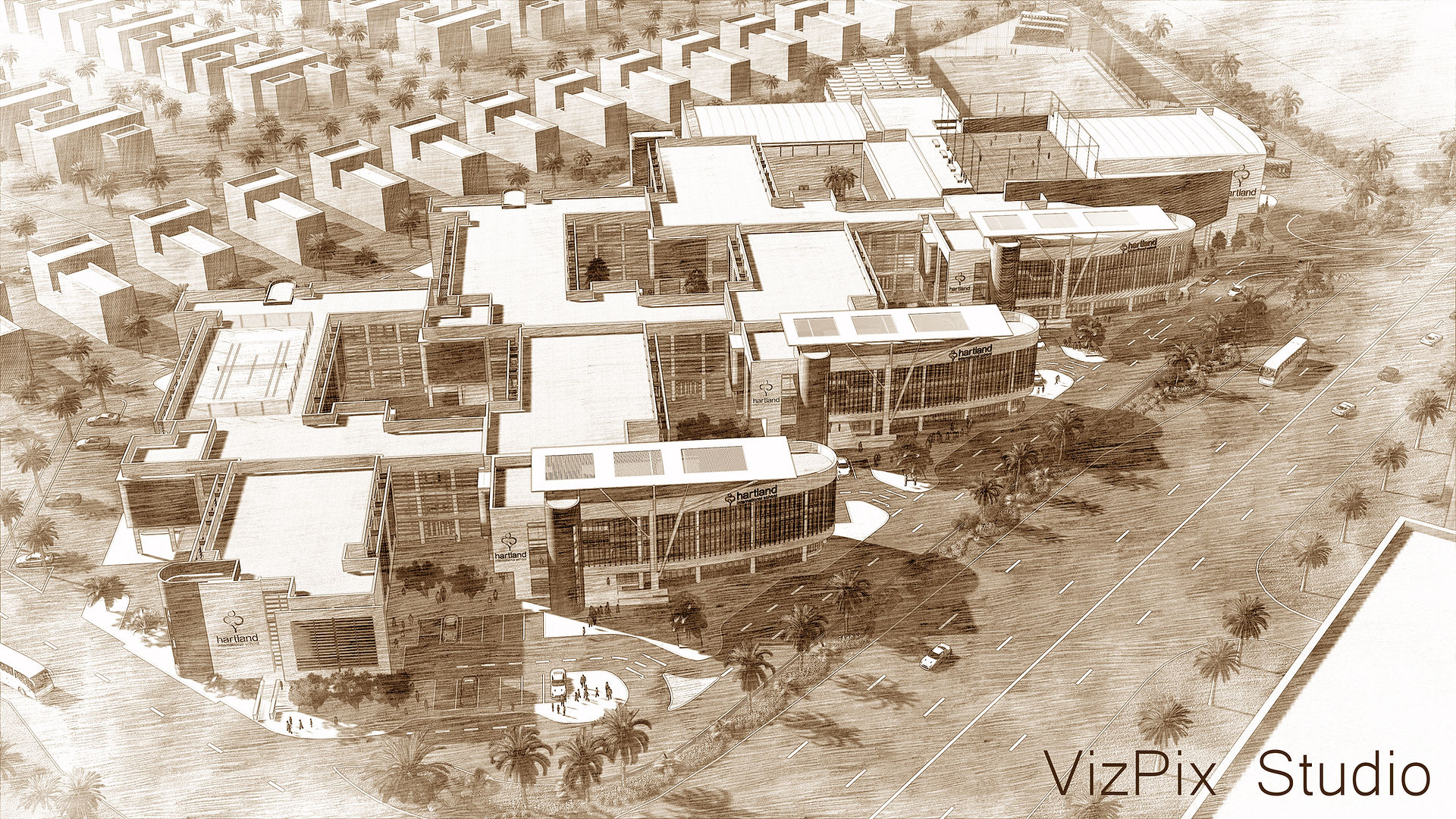 3d render of school using a pen and sketch style in a non-photorealistic render 