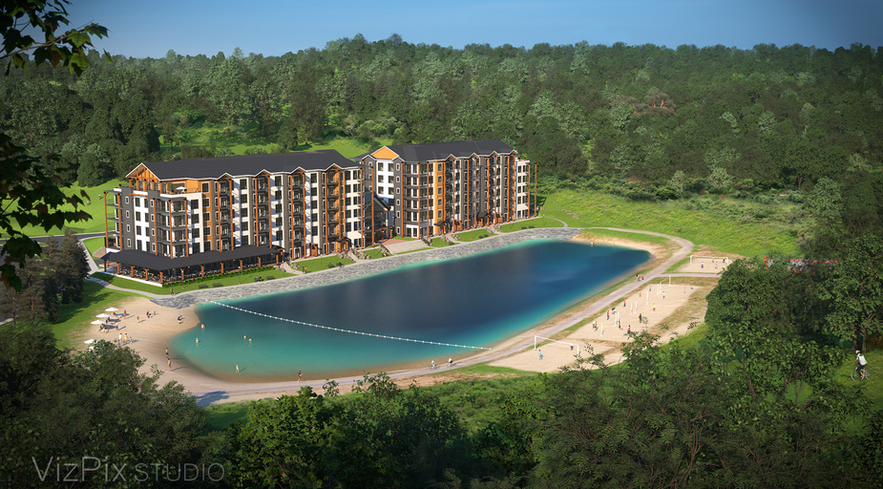 Summer activity 3d rendering, Toronto architectural visualization, summer resort rendering, visualization of manmade pond