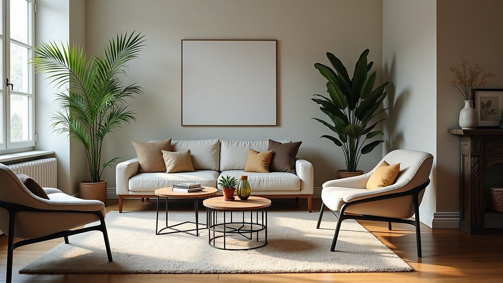 High angle view of a stylish living room with metal furniture and indoor plants