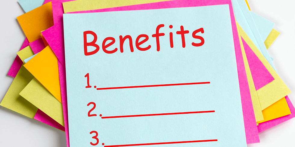 An image of a notepad with the word Benefits