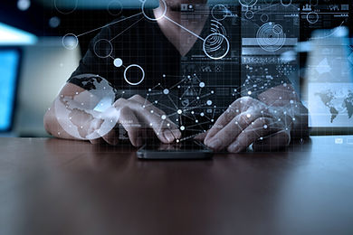 A man touching a cell phone with both hands with a digital graphic overlay