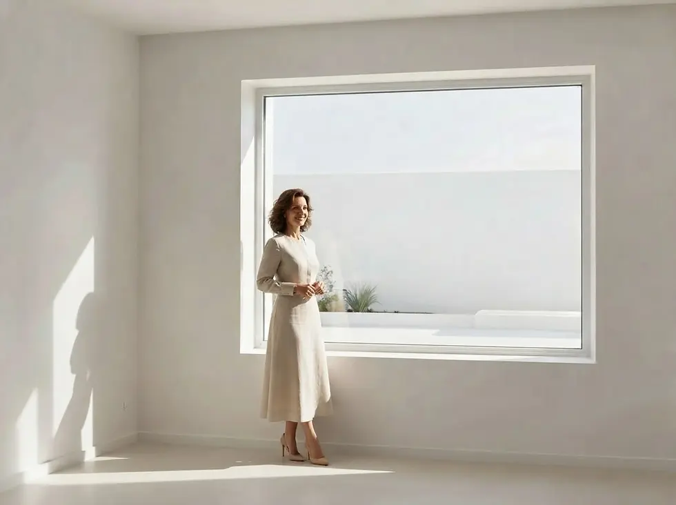 Interior photography of a woman in a beige dress standing by a large window in a minimalist white room. The scene is bright, airy, and serene, with soft sunlight casting shadows.