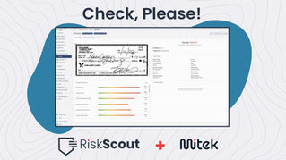 A stylized image of RiskScout's check fraud solution, along with the Mitek Systems logo and webinar title