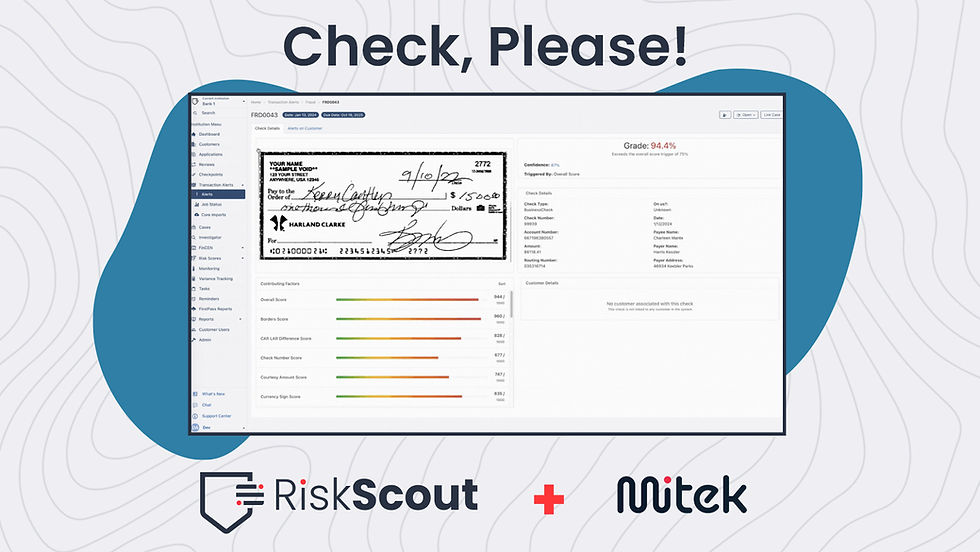 A stylized image of RiskScout's check fraud solution, along with the Mitek Systems logo and webinar title