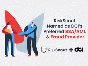 Two business people shaking hands beside DCI and RiskScout's logos