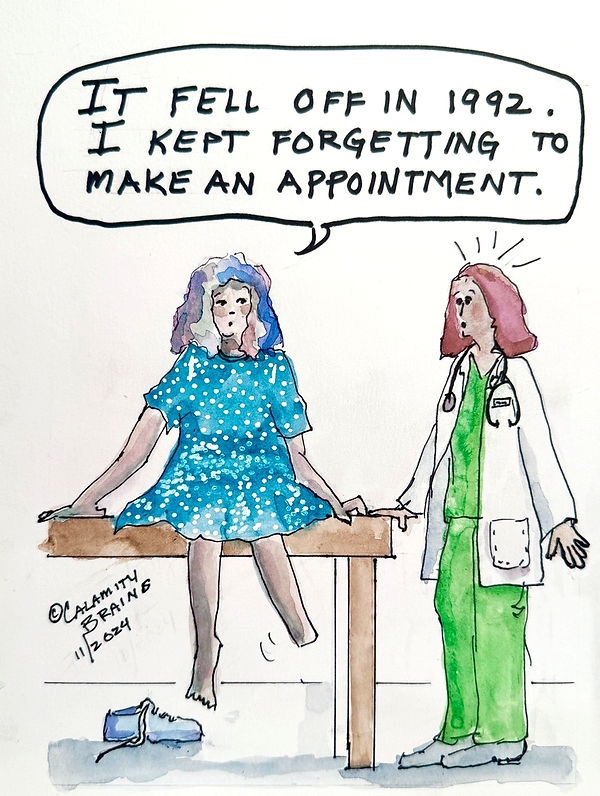 Woman sitting on examp table telling doctor her foot fell off in 1992.