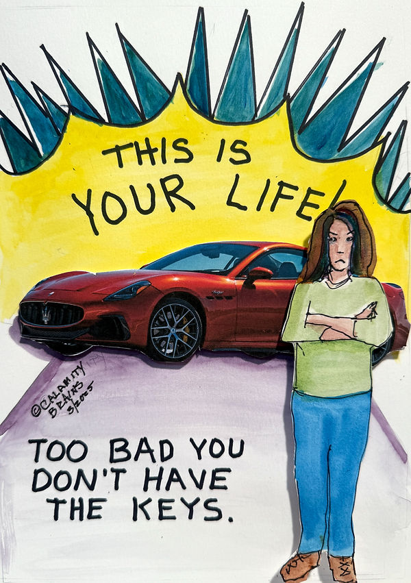 Cartoon of disgruntled woman standing in front of a sports car