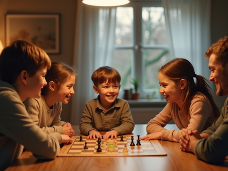family playing chess together at the table