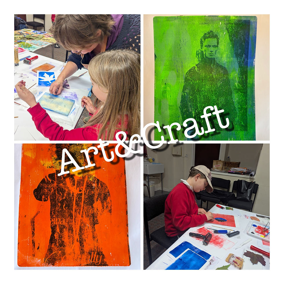 Children engage in art and craft, painting on canvases. Bright green and orange artworks displayed. Text reads "Art & Craft".