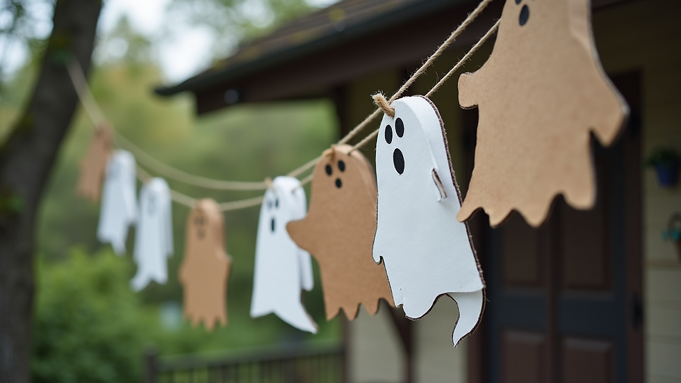 High angle view of hanging cardboard ghosts outdoors