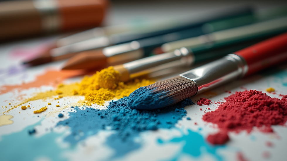 Eye-level view of ebru brushes and pigments arranged on a table